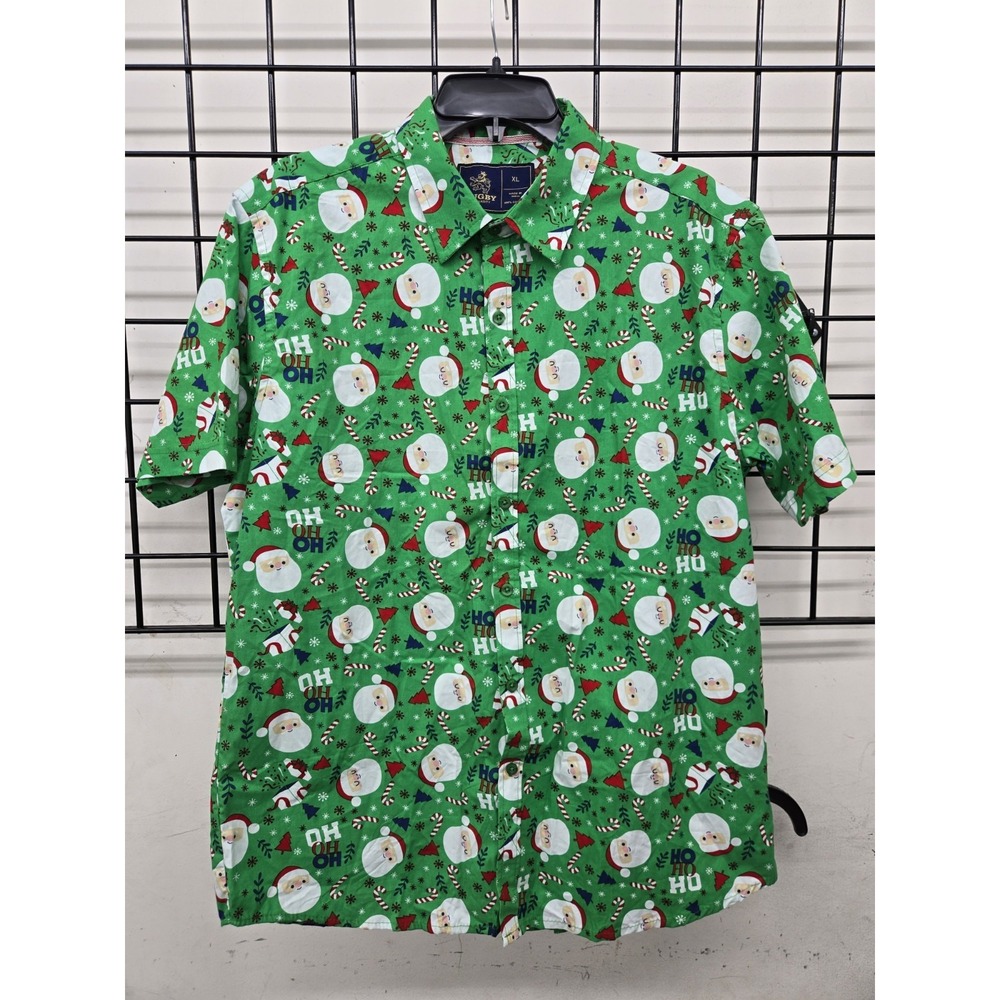 Rugby University Men's Christmas Holiday Santa Claus Button Down Short Slv XL